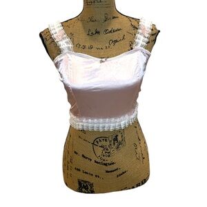 ROMWE Pink Satin Crop Top with Lace Sleeves and Zipper Back